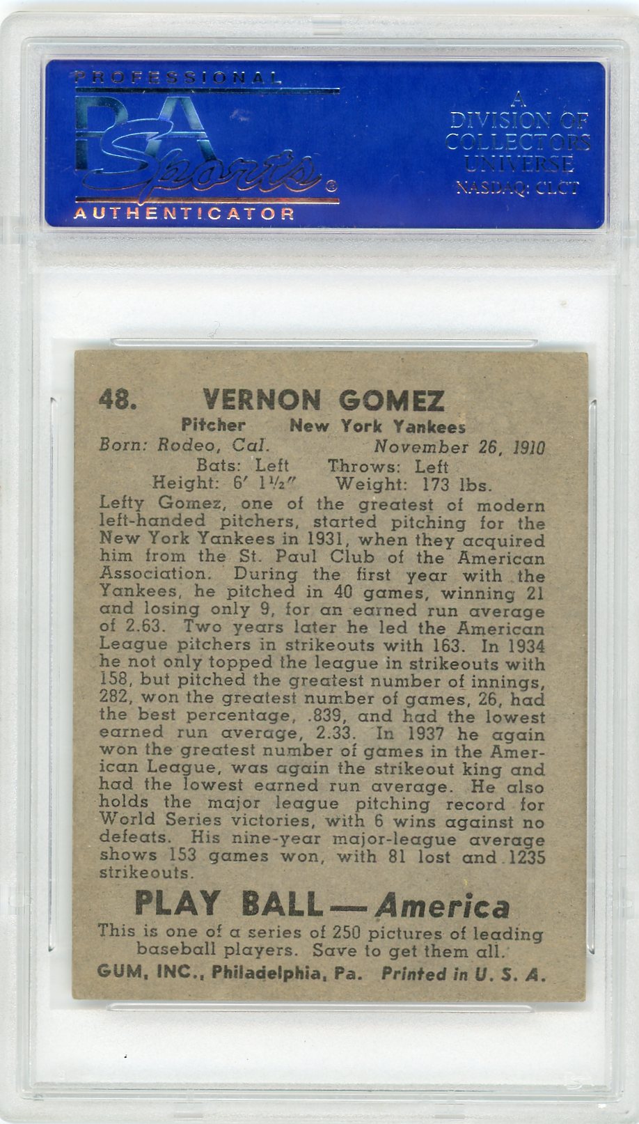 1939 Play Ball Vernon Gomez #48 PSA 5