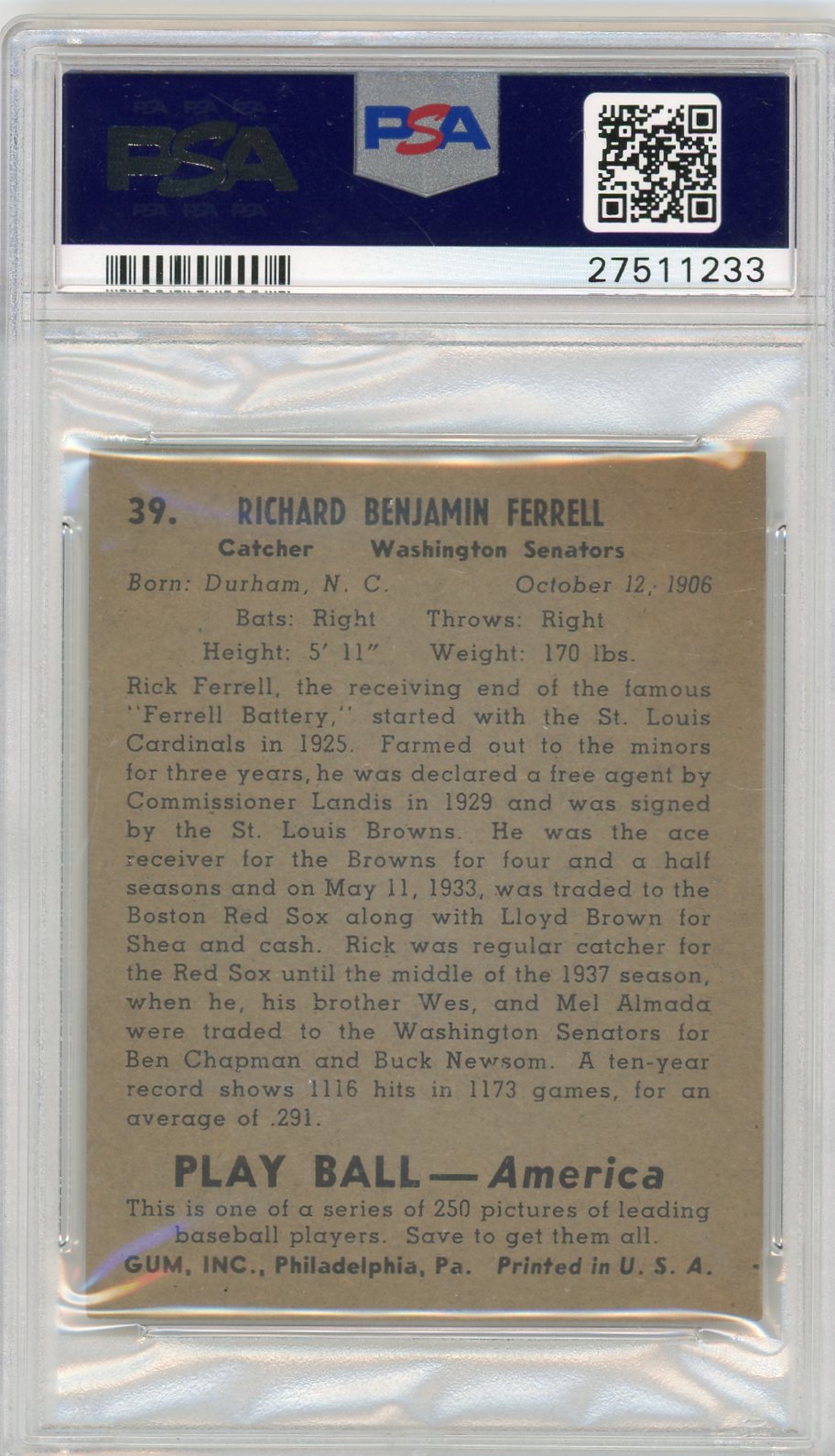 1939 Play Ball Rick Ferrell #39 PSA 5