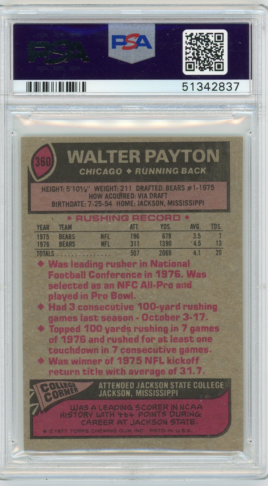 1977 Topps Walter Payton #360 All Pro PSA 8