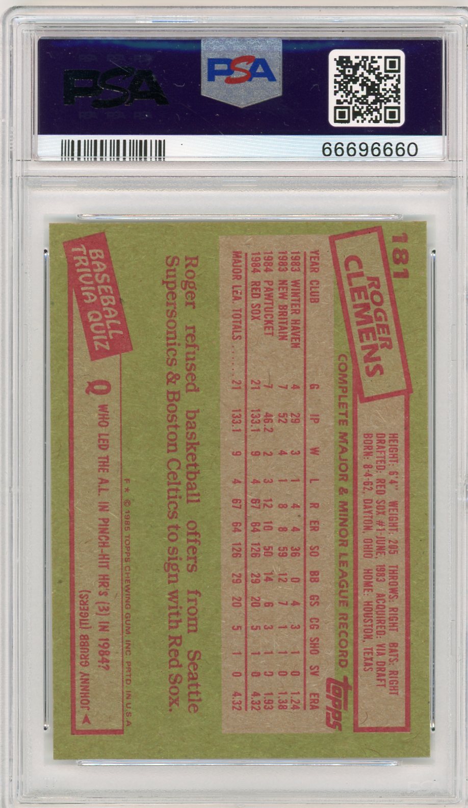 1985 Topps Roger Clemens #181 PSA 9