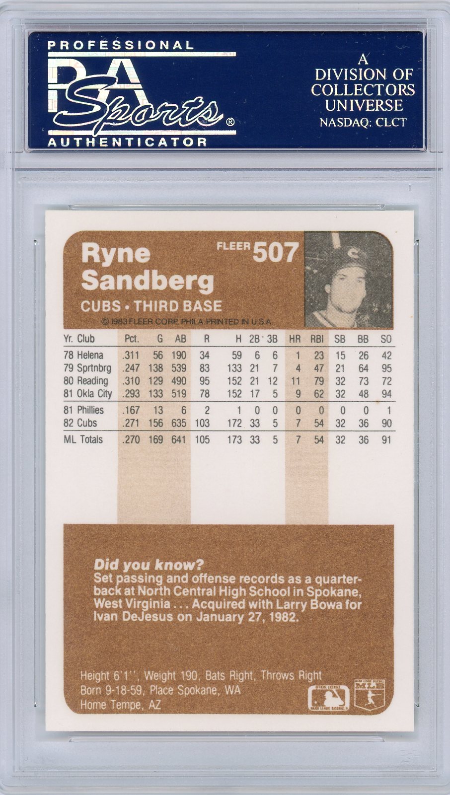 1983 Fleer Ryne Sandberg #507 PSA 10