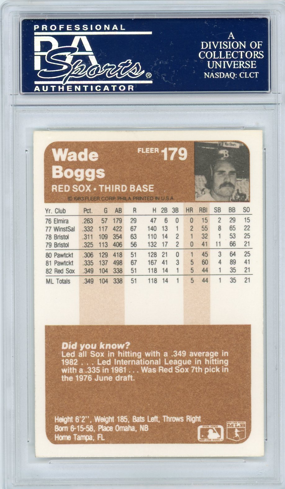 1983 Fleer Wade Boggs #179 PSA 10