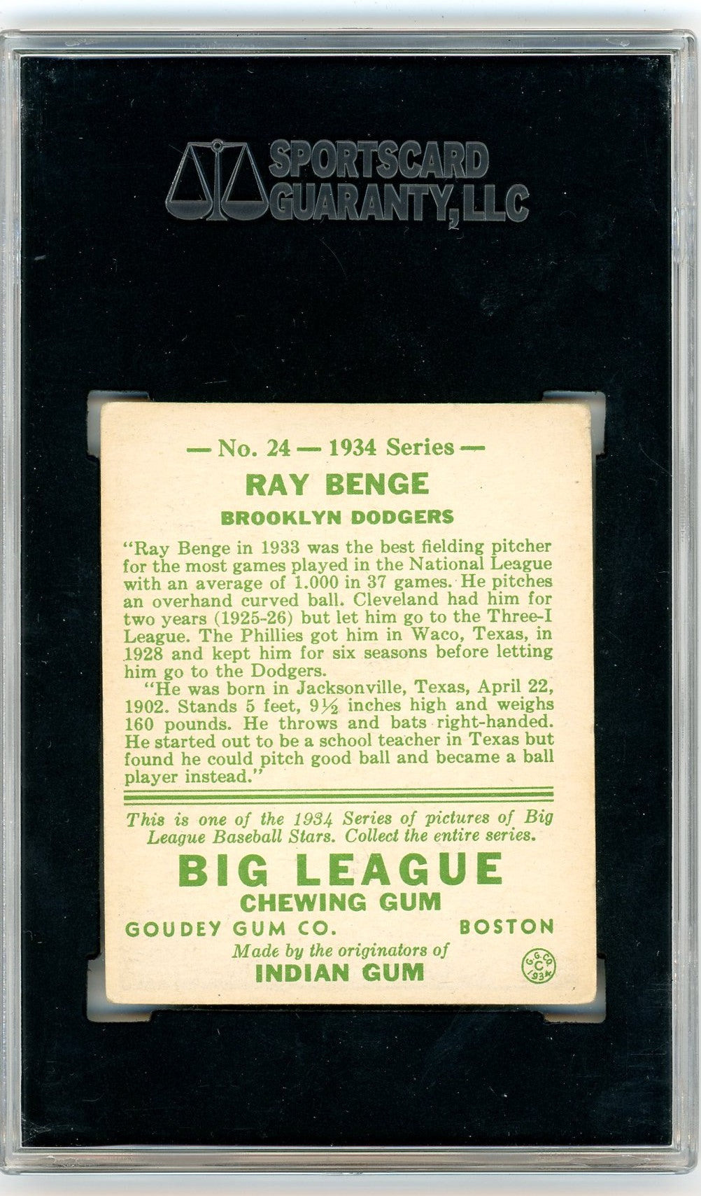 1934 Goudey Ray Benge #24 SGC 4
