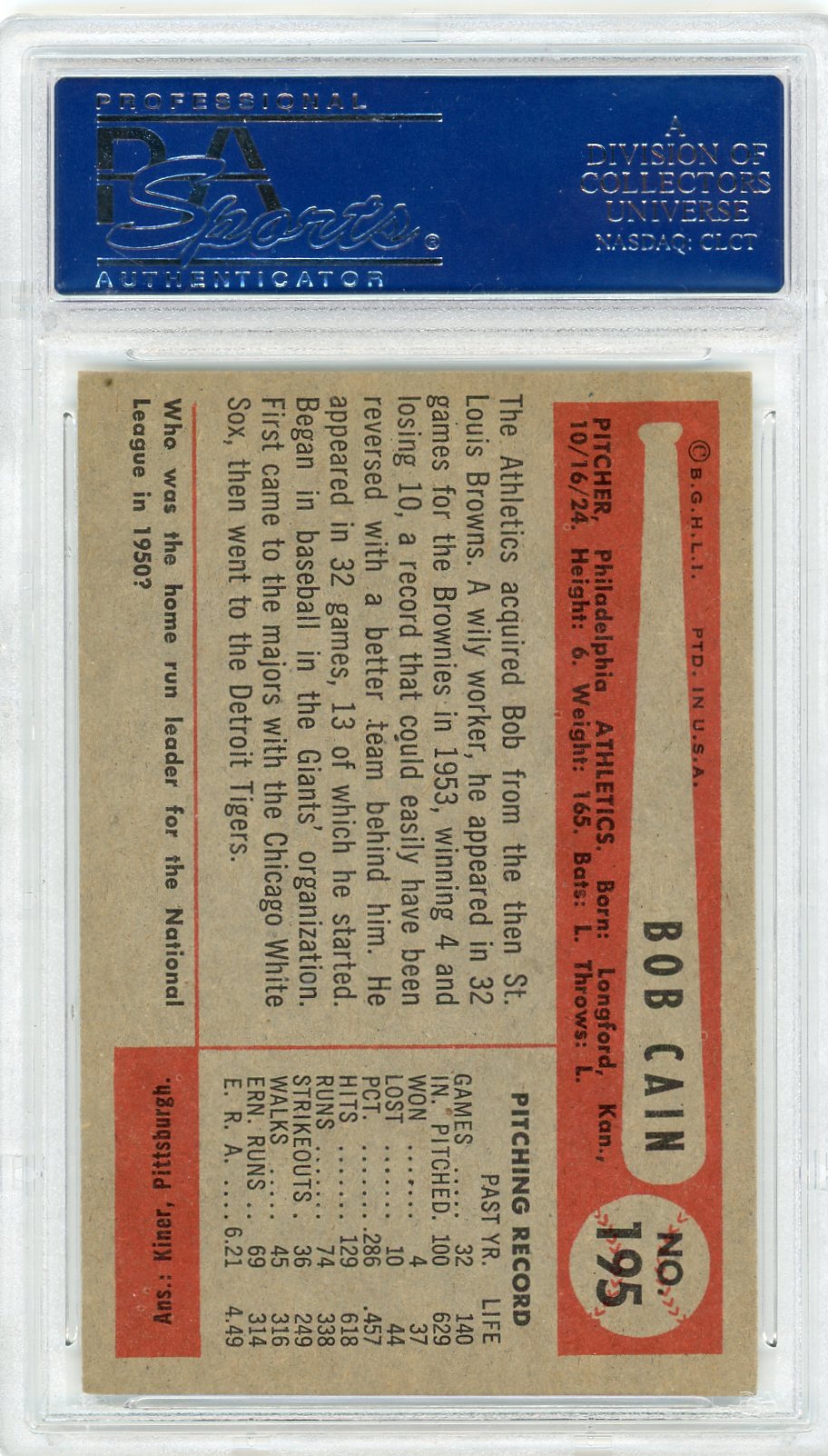 1954 Bowman Bob Cain #195 PSA 8