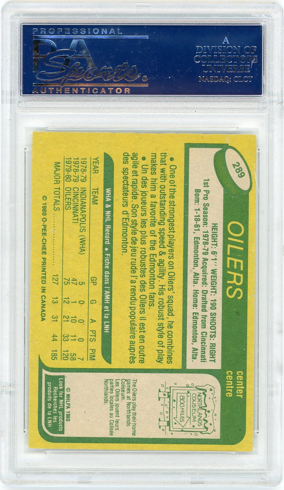 1980 O-Pee-Chee Mark Messier #289 Err BK. Says Shoots RT. PSA 6.5