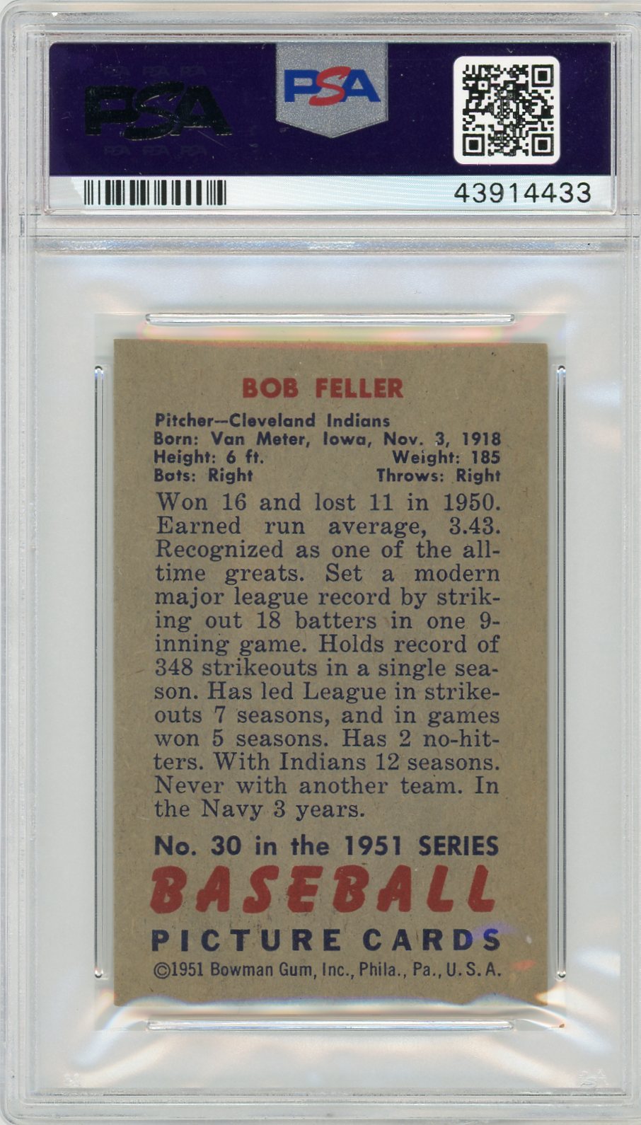 1951 Bowman Bob Feller #30 PSA 6