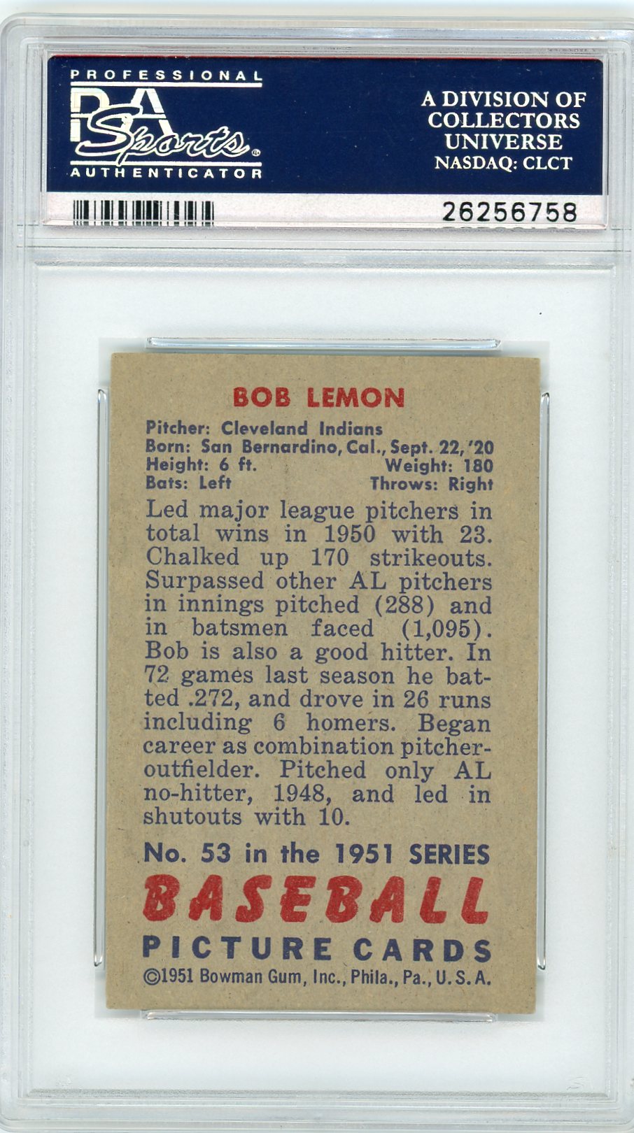 1951 Bowman Bob Lemon #53 PSA 6