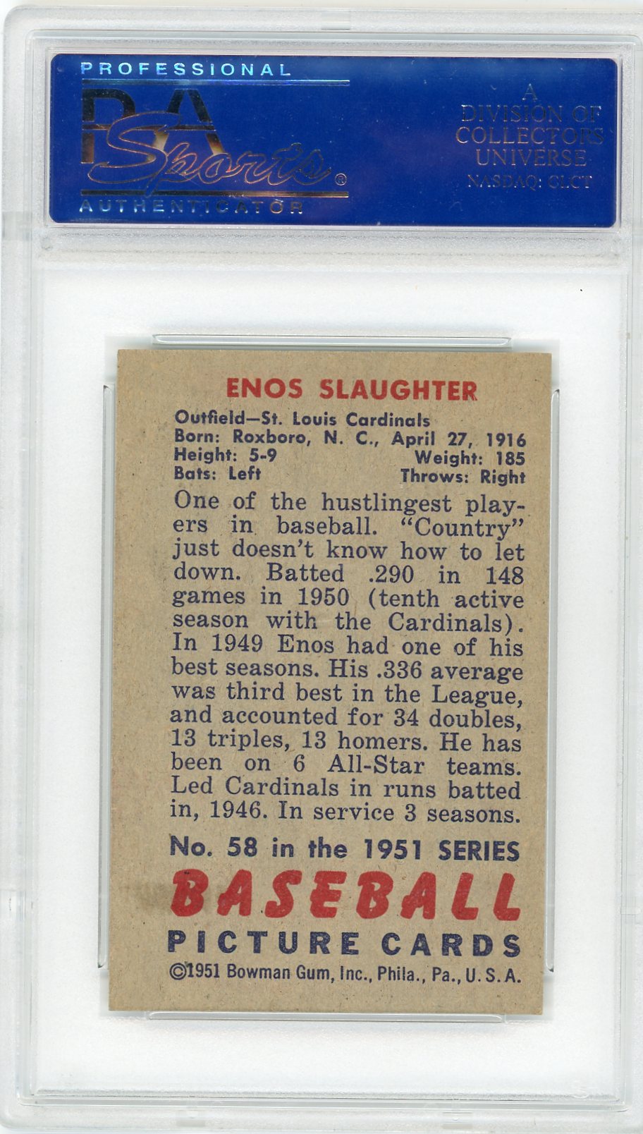 1951 Bowman Enos Slaughter #58 PSA 6