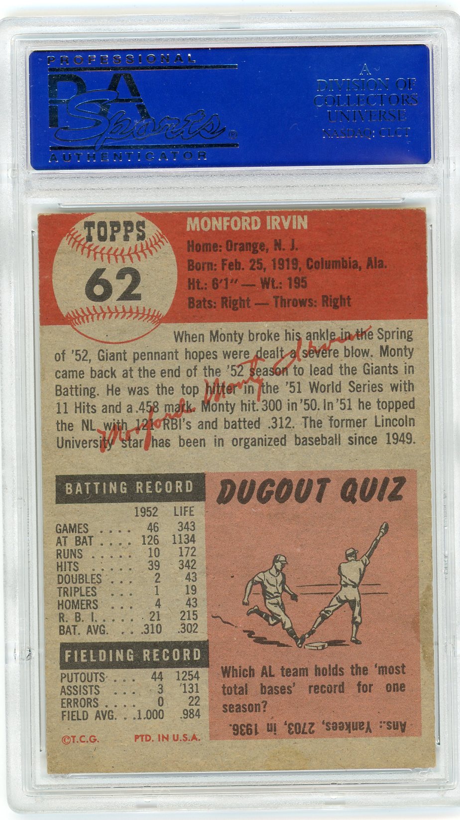 1953 Topps Monte Irvin #62 PSA 6