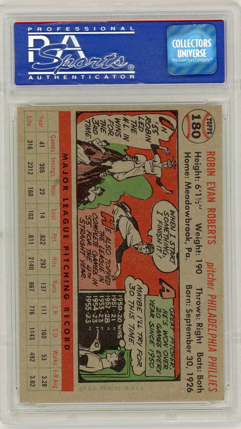 1956 Topps Robin Roberts #180 Gray Back PSA 8