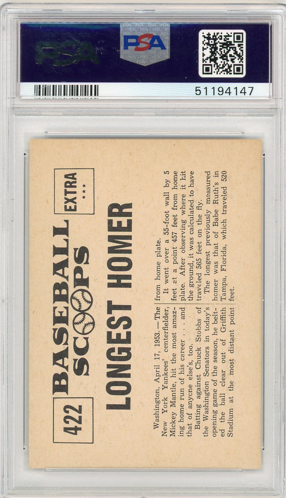 1961 Nu-Card Scoops Mickey Mantle Hits #422 Longest Homer PSA 7