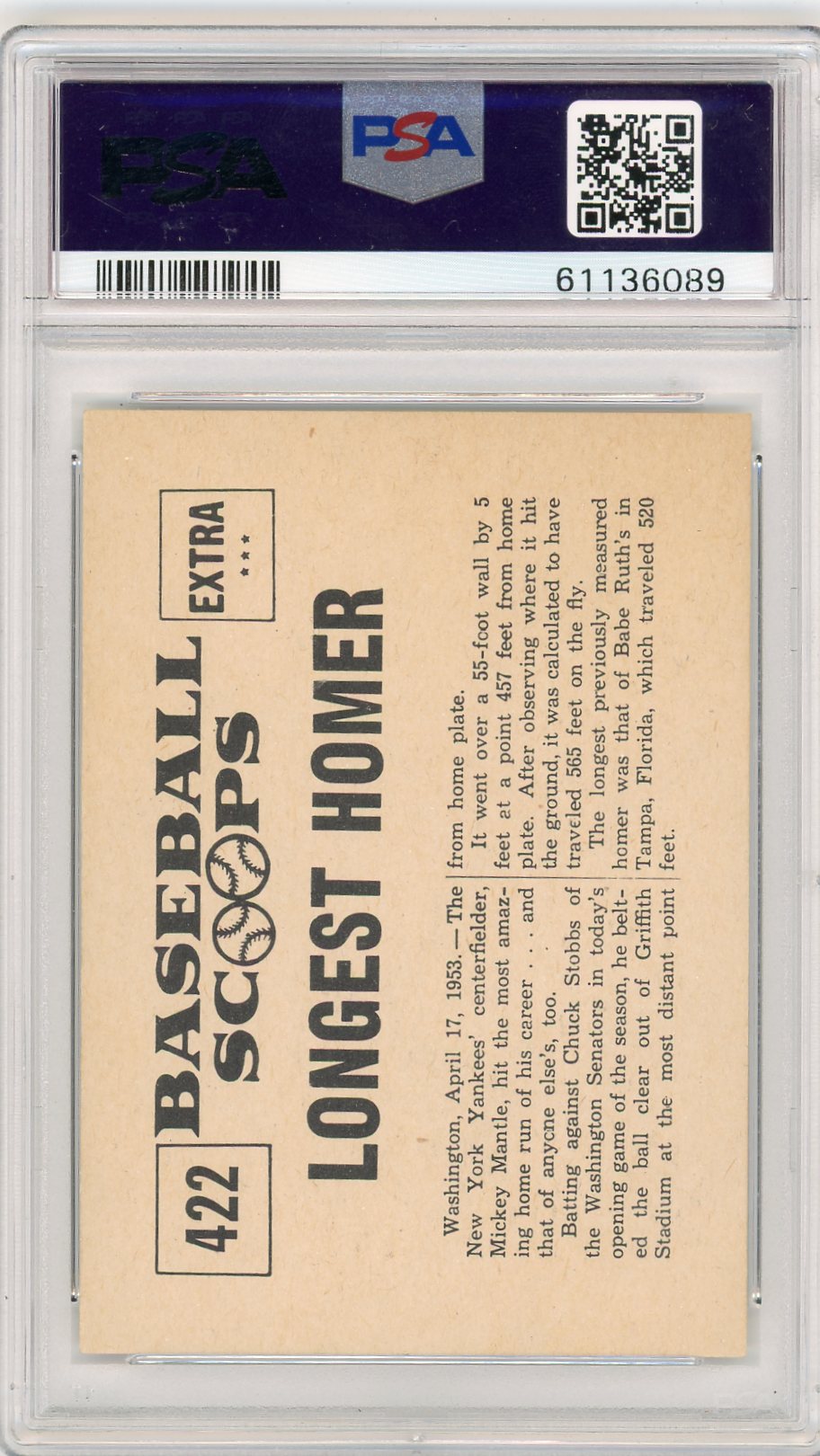 1961 Nu-Card Scoops Mickey Mantle Hits #422 Longest Homer PSA 8