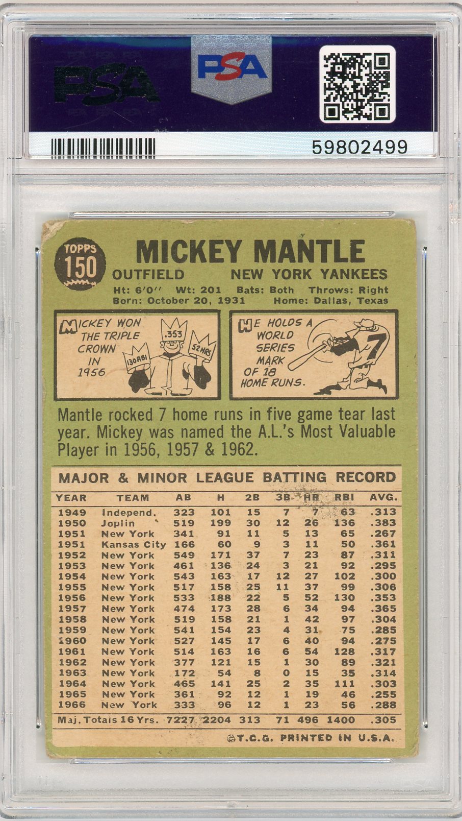 1967 Topps Mickey Mantle #150 PSA 1