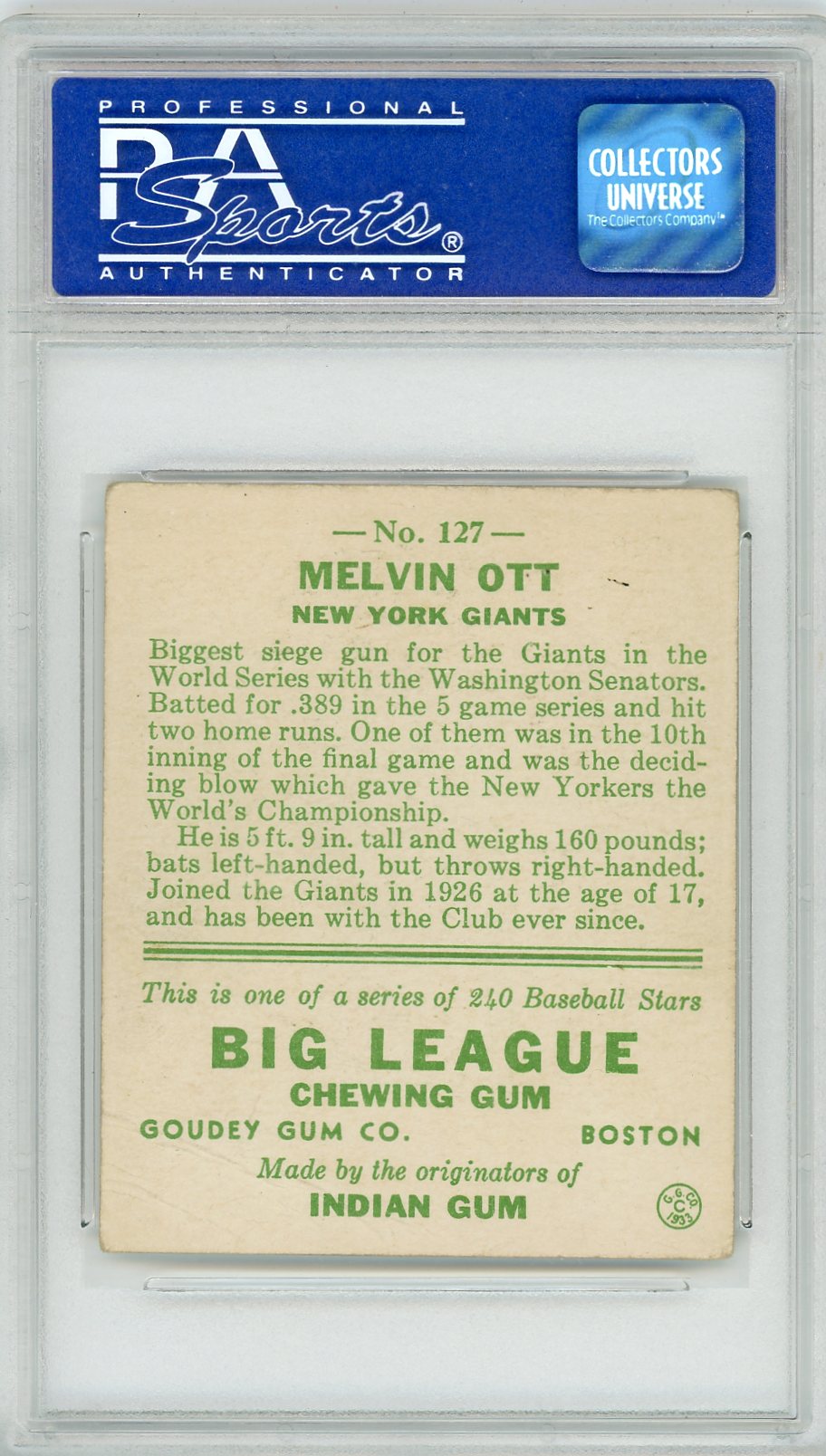 1933 Goudey Mel Ott #127 PSA 2