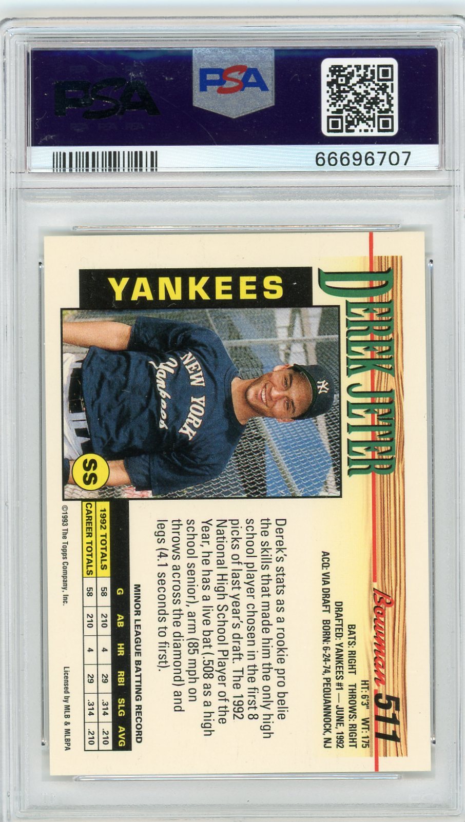 1993 Bowman Derek Jeter #511 PSA 9