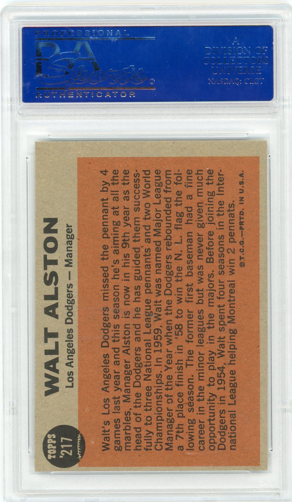 1962 Topps Walt Alston #217 PSA 7