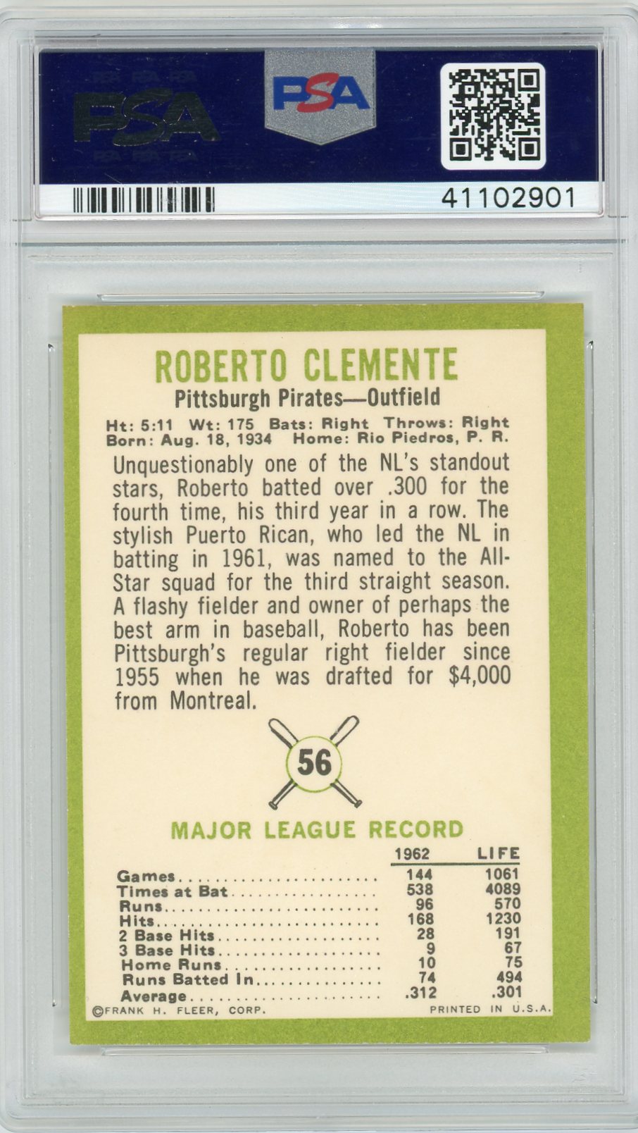 1963 Fleer Roberto Clemente #56 PSA 6