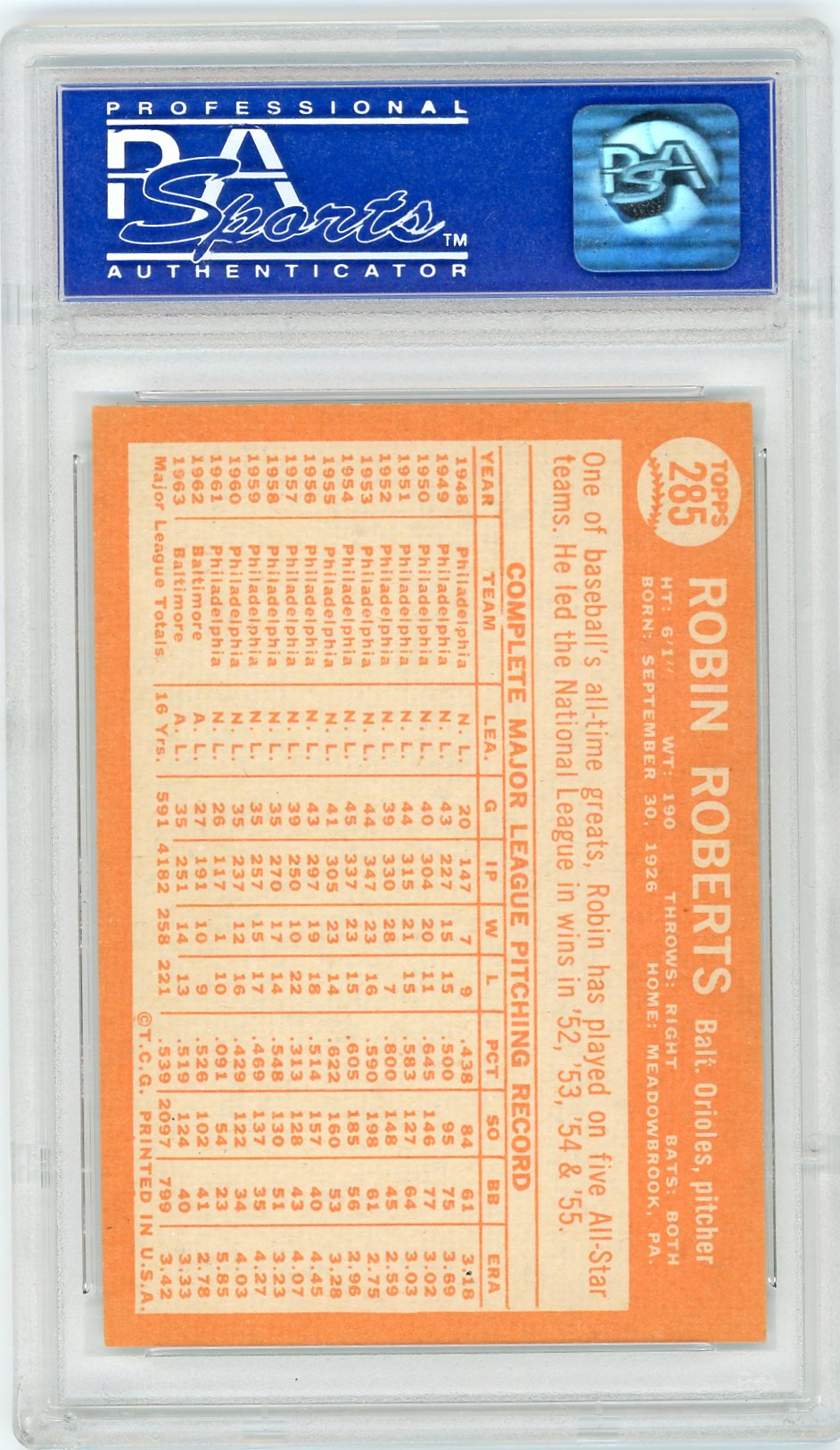 1964 Topps Robin Roberts #285 PSA 8