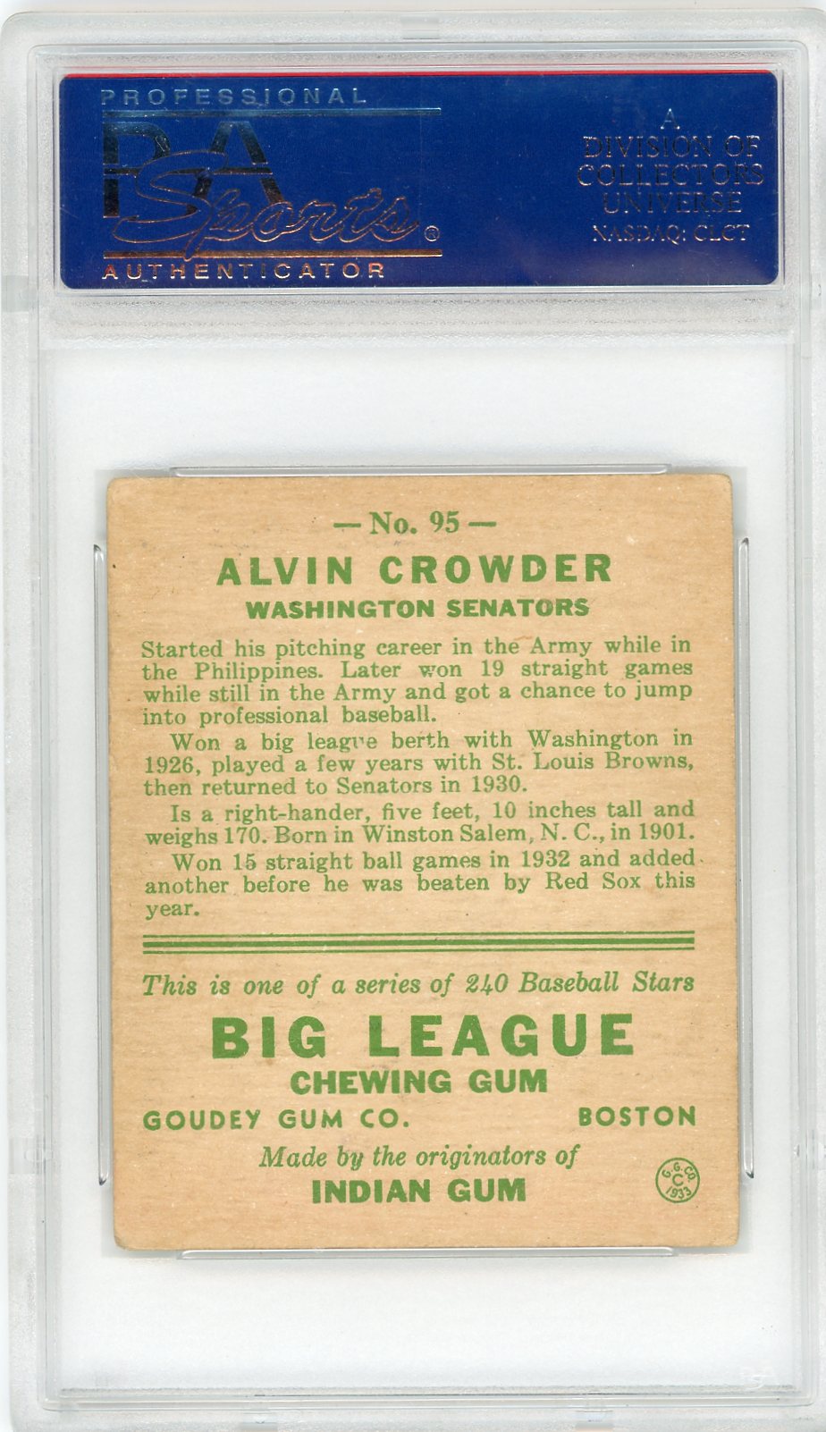 1933 Goudey Alvin Crowder #95 PSA 3