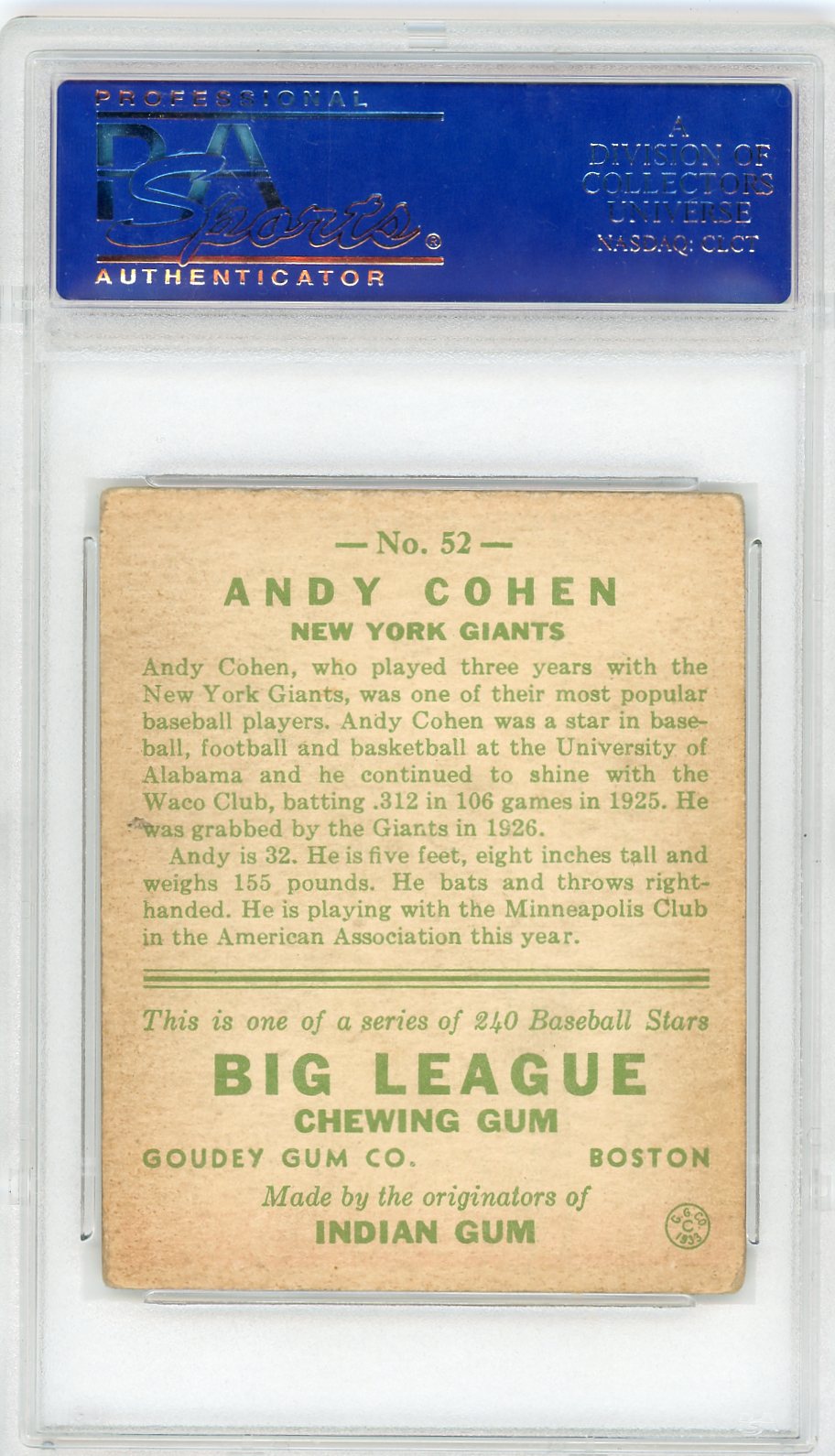 1933 Goudey Andy Cohen #52 PSA 3