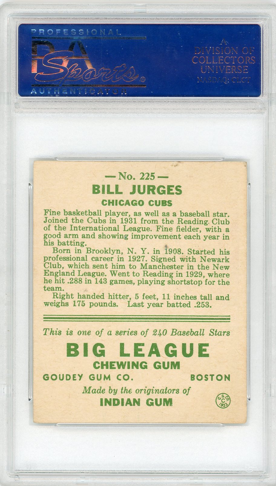 1933 Goudey Bill Jurges #225 PSA 2