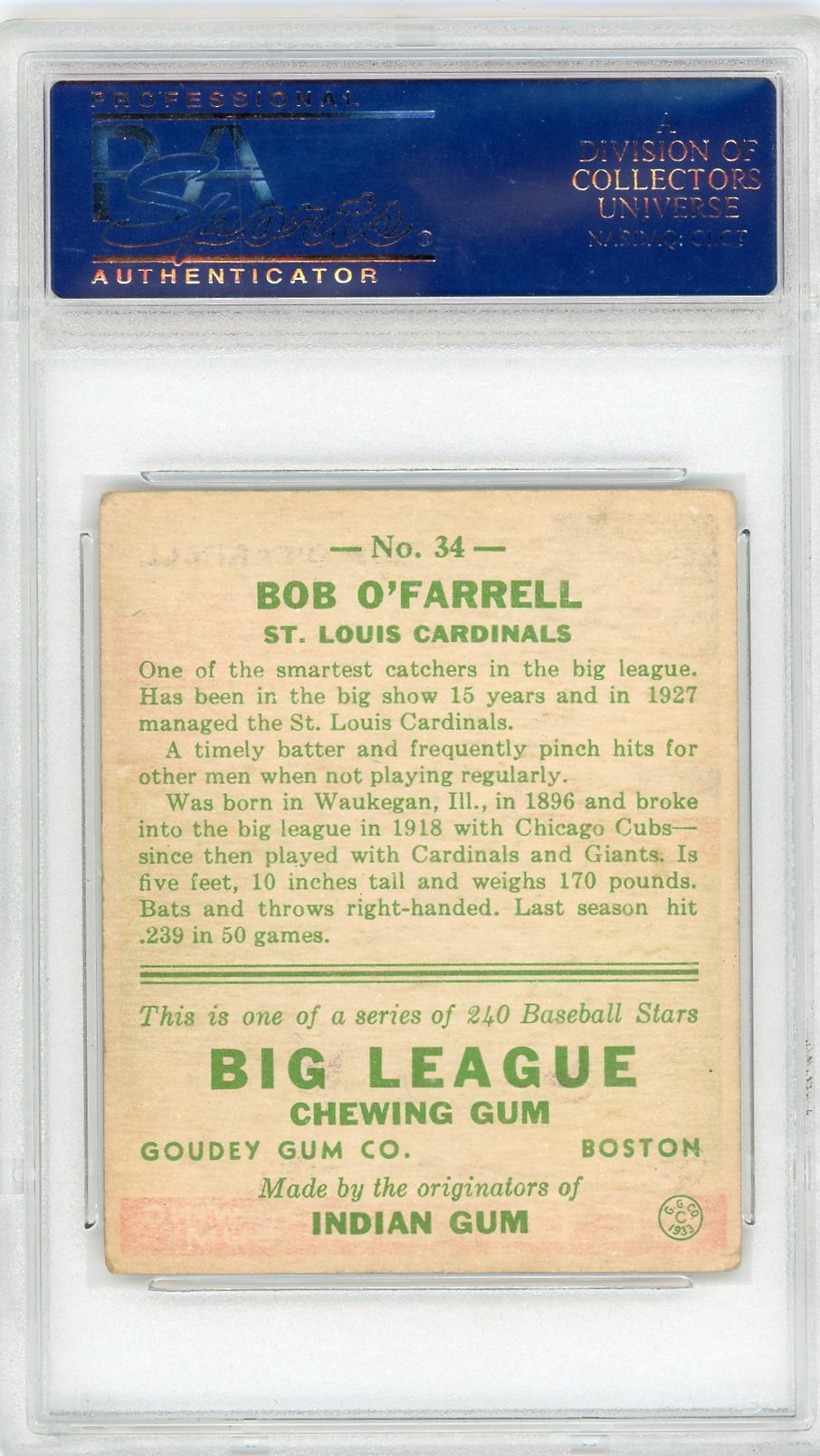 1933 Goudey Bob O'farrell #34 PSA 3