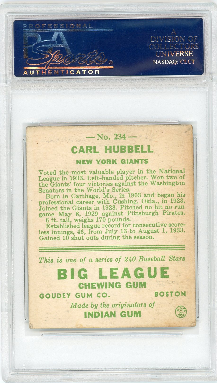 1933 Goudey Carl Hubbell #234 PSA 3