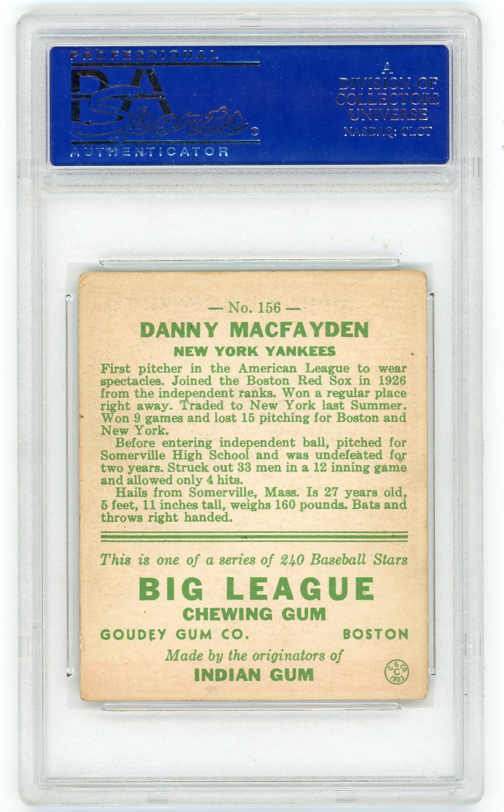 1933 Goudey Danny Macfayden #156 PSA 3