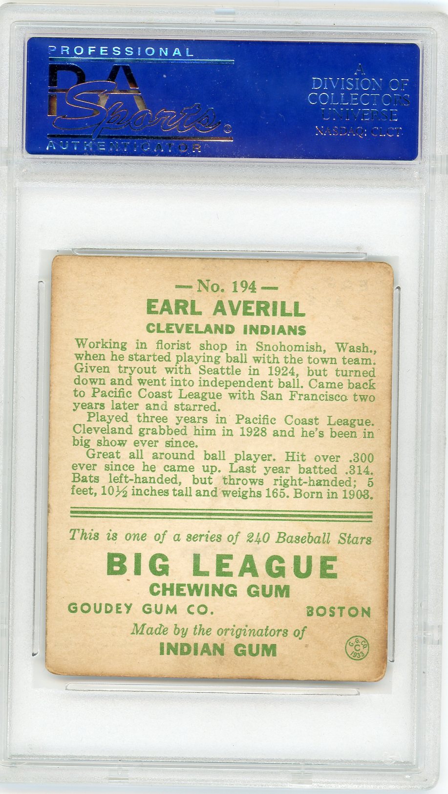 1933 Goudey Earl Averill #194 PSA 3
