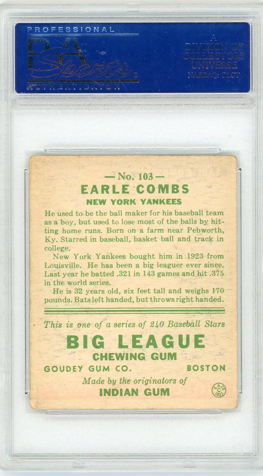 1933 Goudey Earle Combs #103 PSA 3