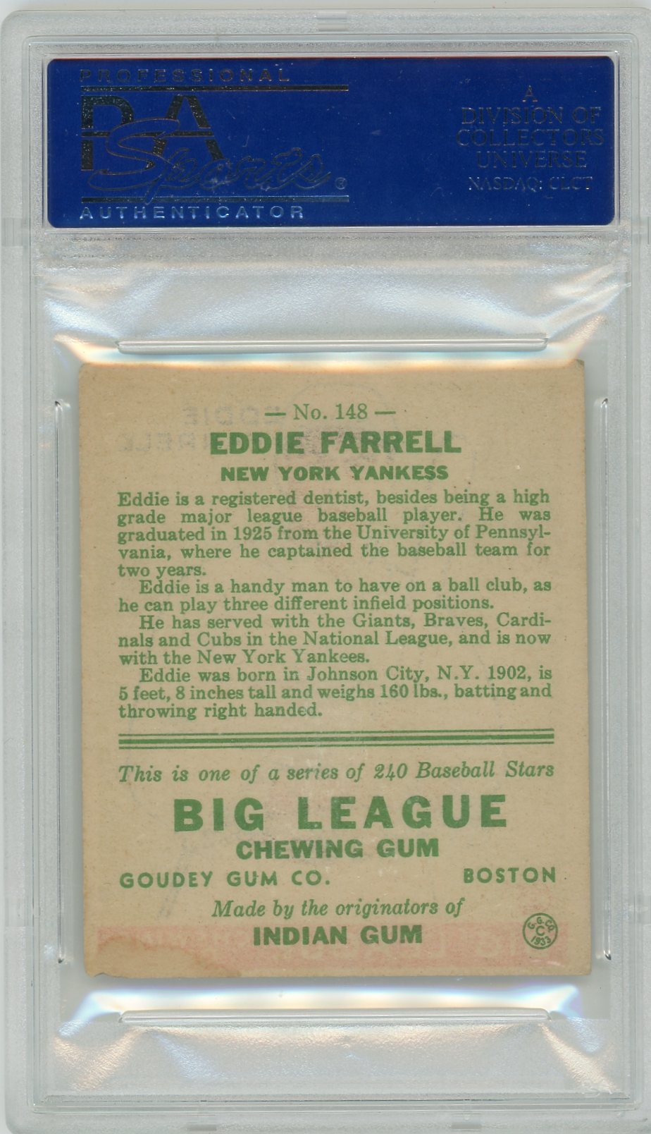 1933 Goudey Eddie Farrell #148 PSA 4