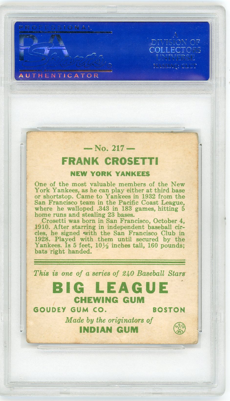 1933 Goudey Frank Crosetti #217 PSA 3