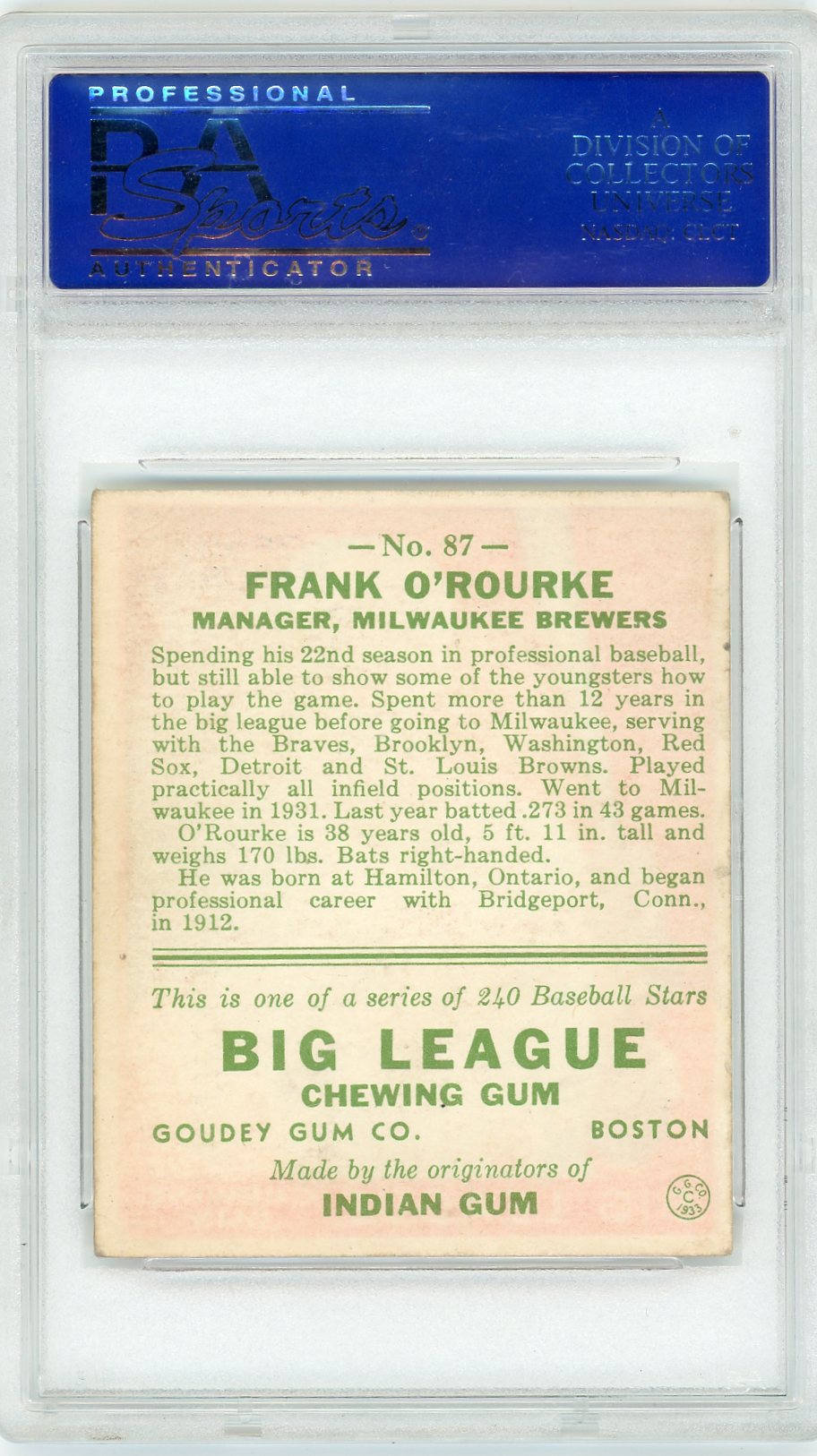 1933 Goudey Frank O'rourke #87 PSA 4