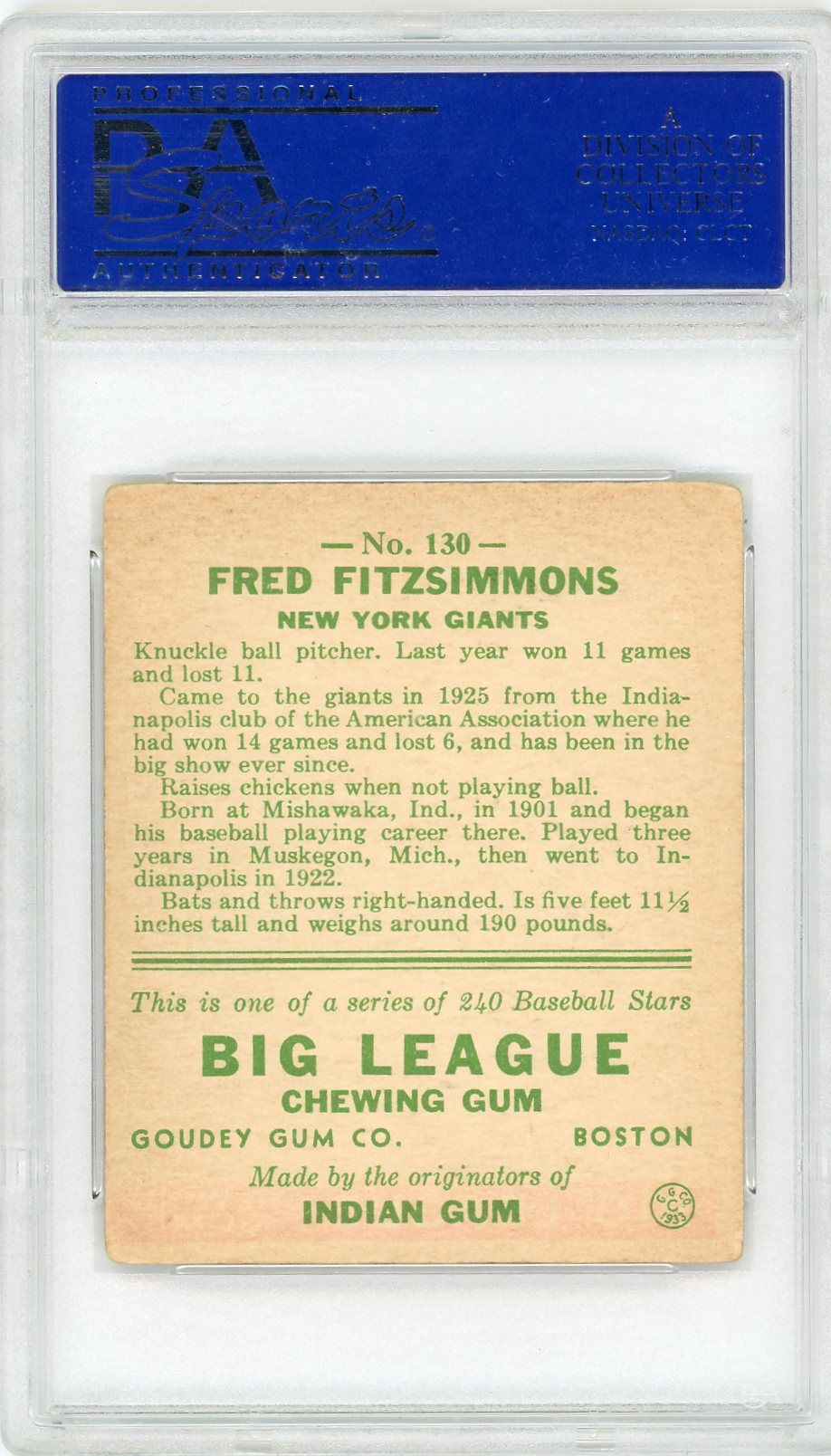 1933 Goudey Fred Fitzsimmons #130 PSA 4