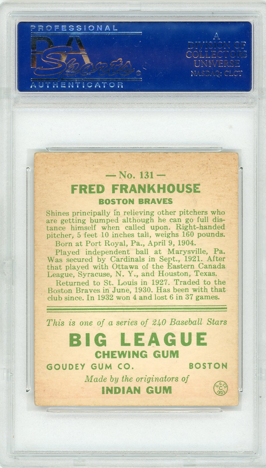 1933 Goudey Fred Frankhouse #131 PSA 4