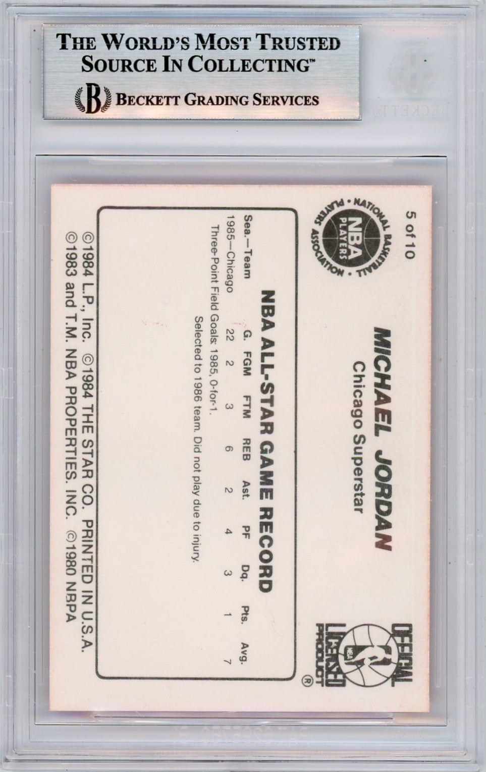 1986 Star Michael Jordan 1985 All-Star Michael Jordan #5 BGS 9 /1985