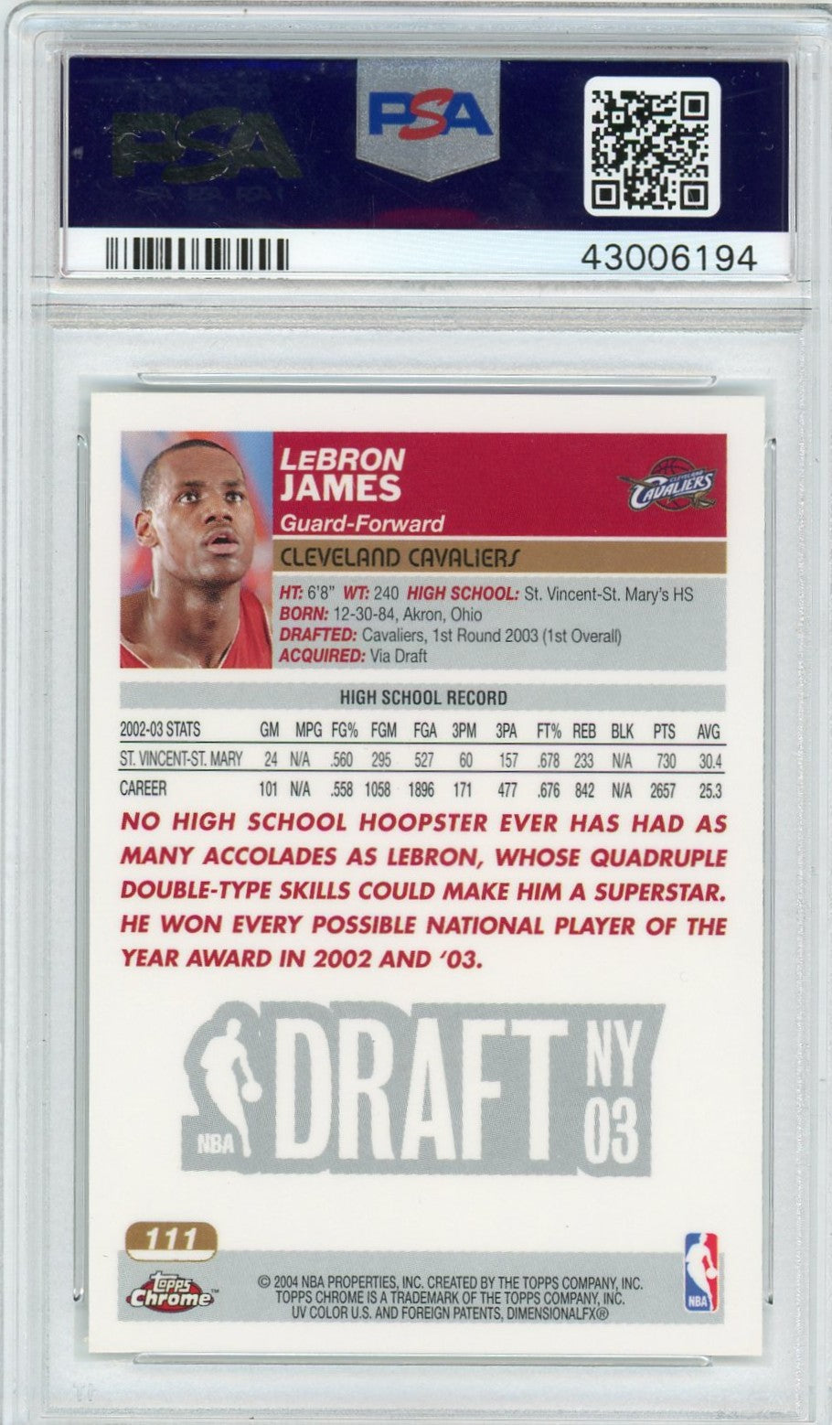 2003 Topps Chrome LeBron James #111 PSA 9