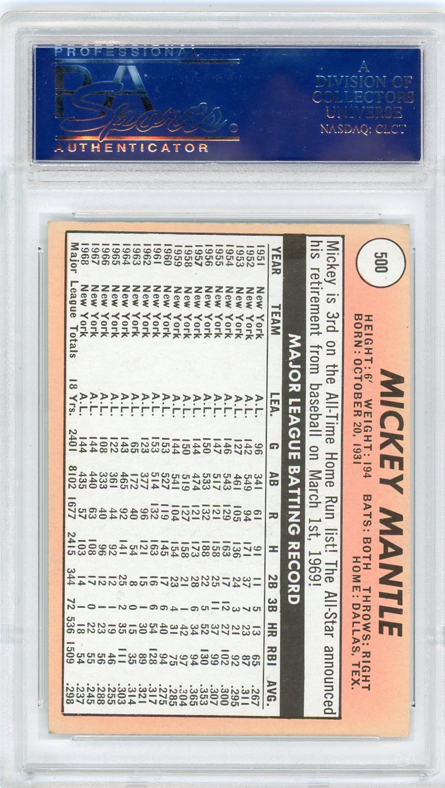 1969 Topps Mickey Mantle #500 Last Name In White PSA 6