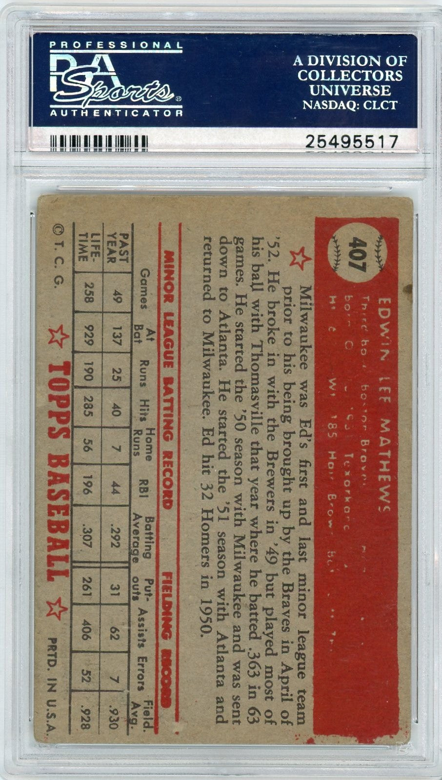 1952 Topps Ed Mathews #407 PSA 2