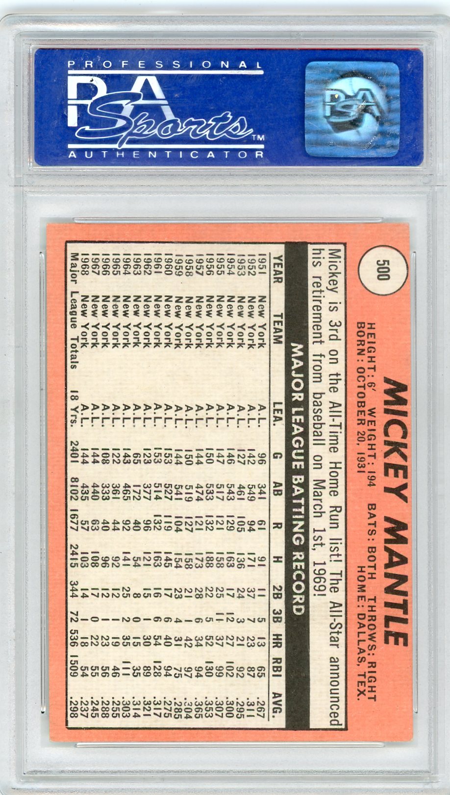 1969 Topps Mickey Mantle #500 Last Name In Yellow PSA 6