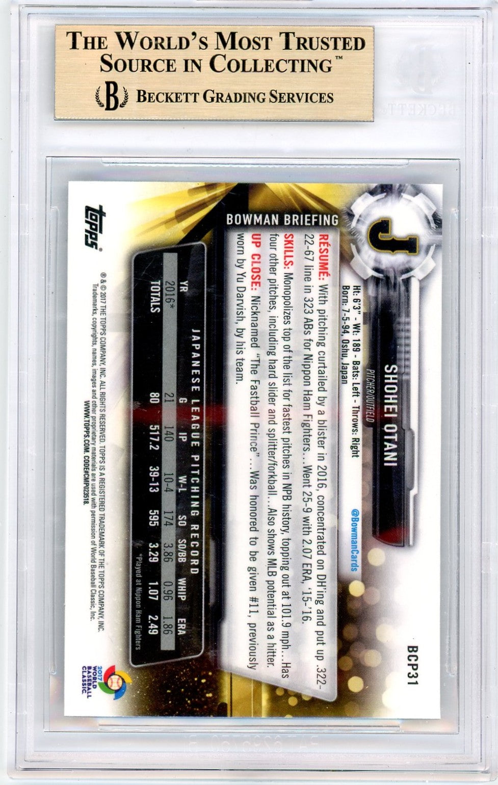 2017 Bowman Chrome Mega Box Prospects Refractors Shohei Otani #BCP31 BGS 9.5