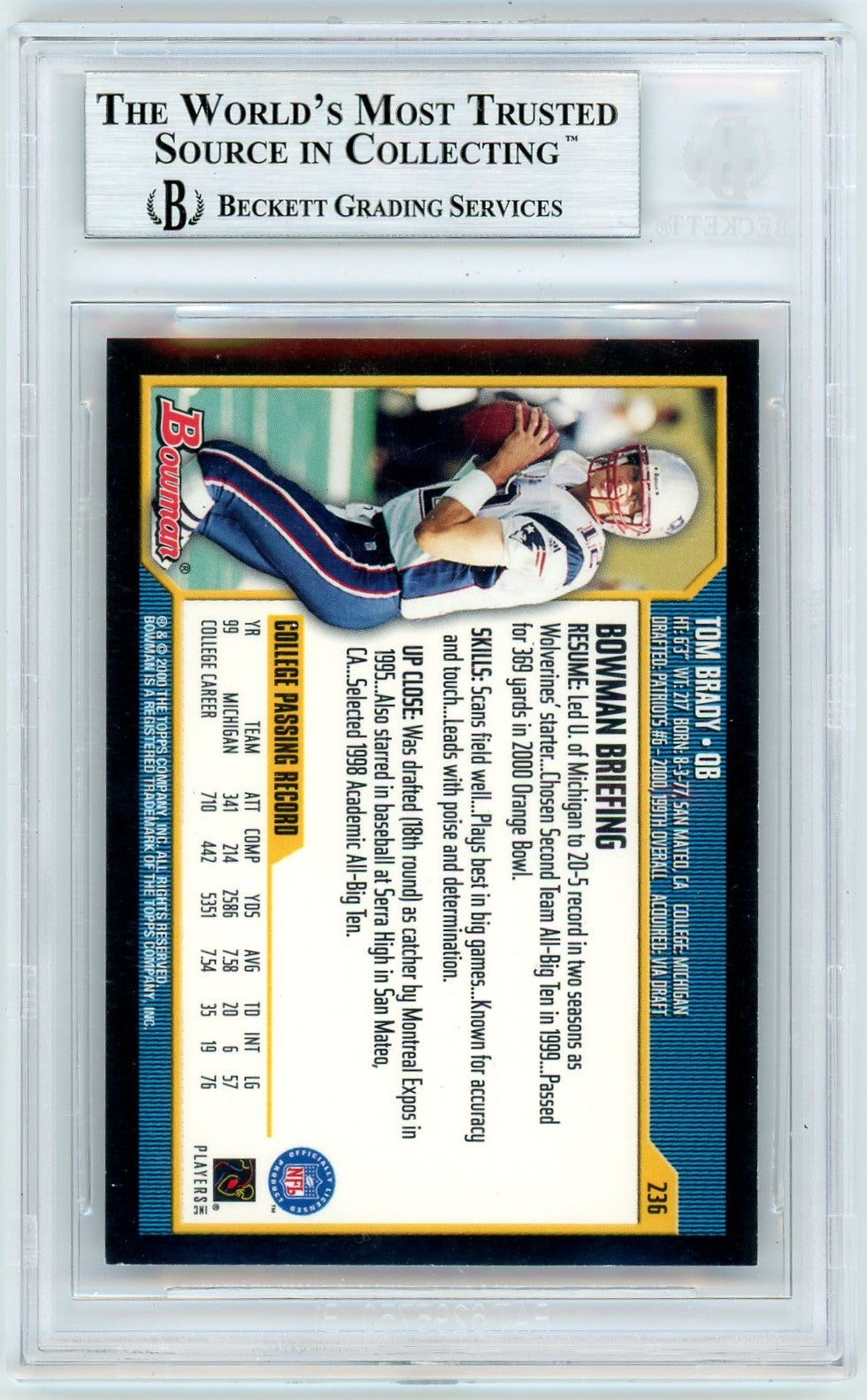 2000 Bowman Tom Brady #236 BGS 9 Rookie