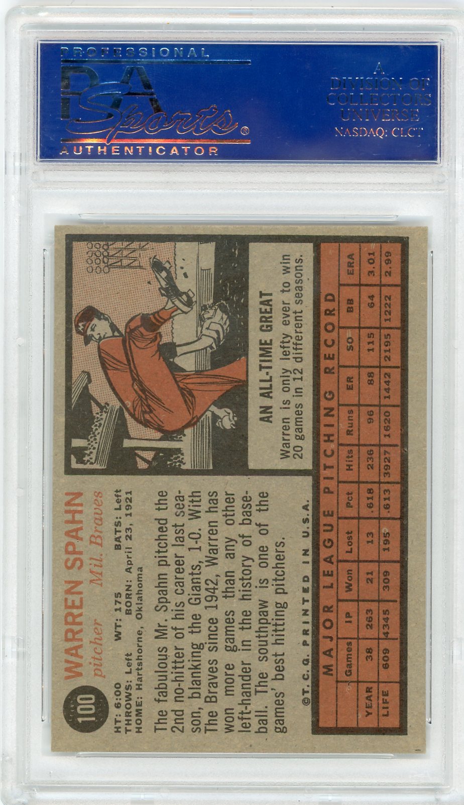 1962 Topps Warren Spahn #100 PSA 8