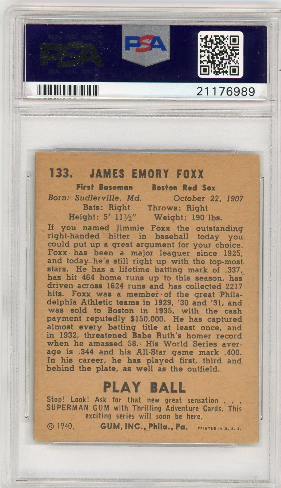 1940 Play Ball Jimmie Foxx #133 PSA 5