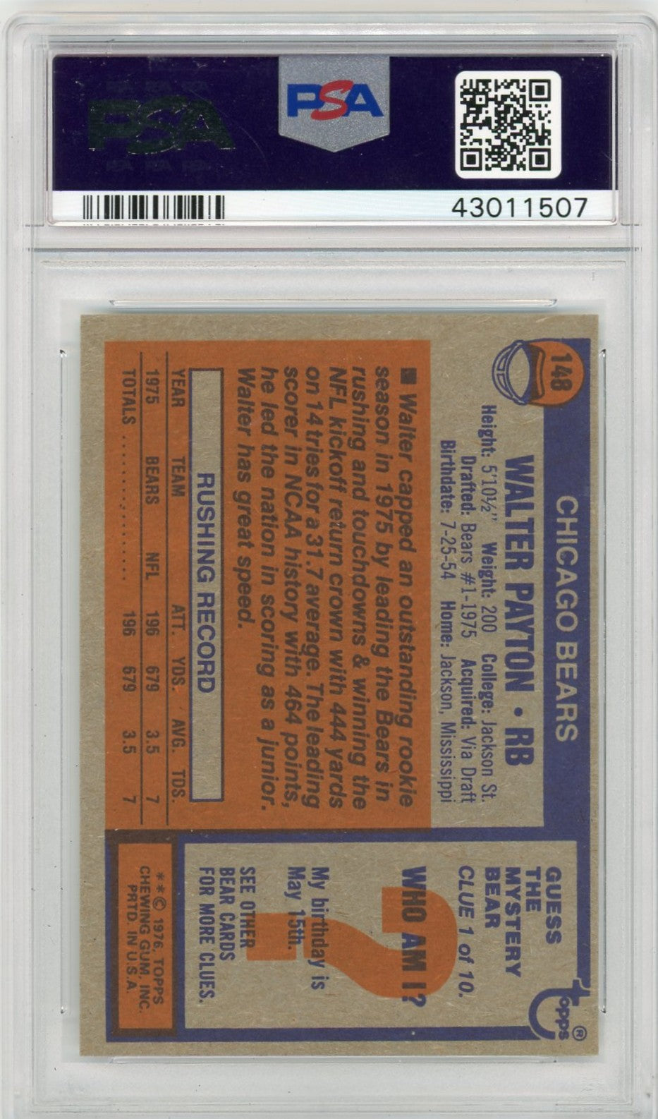 1976 Topps Walter Payton #148 PSA 9 Oc