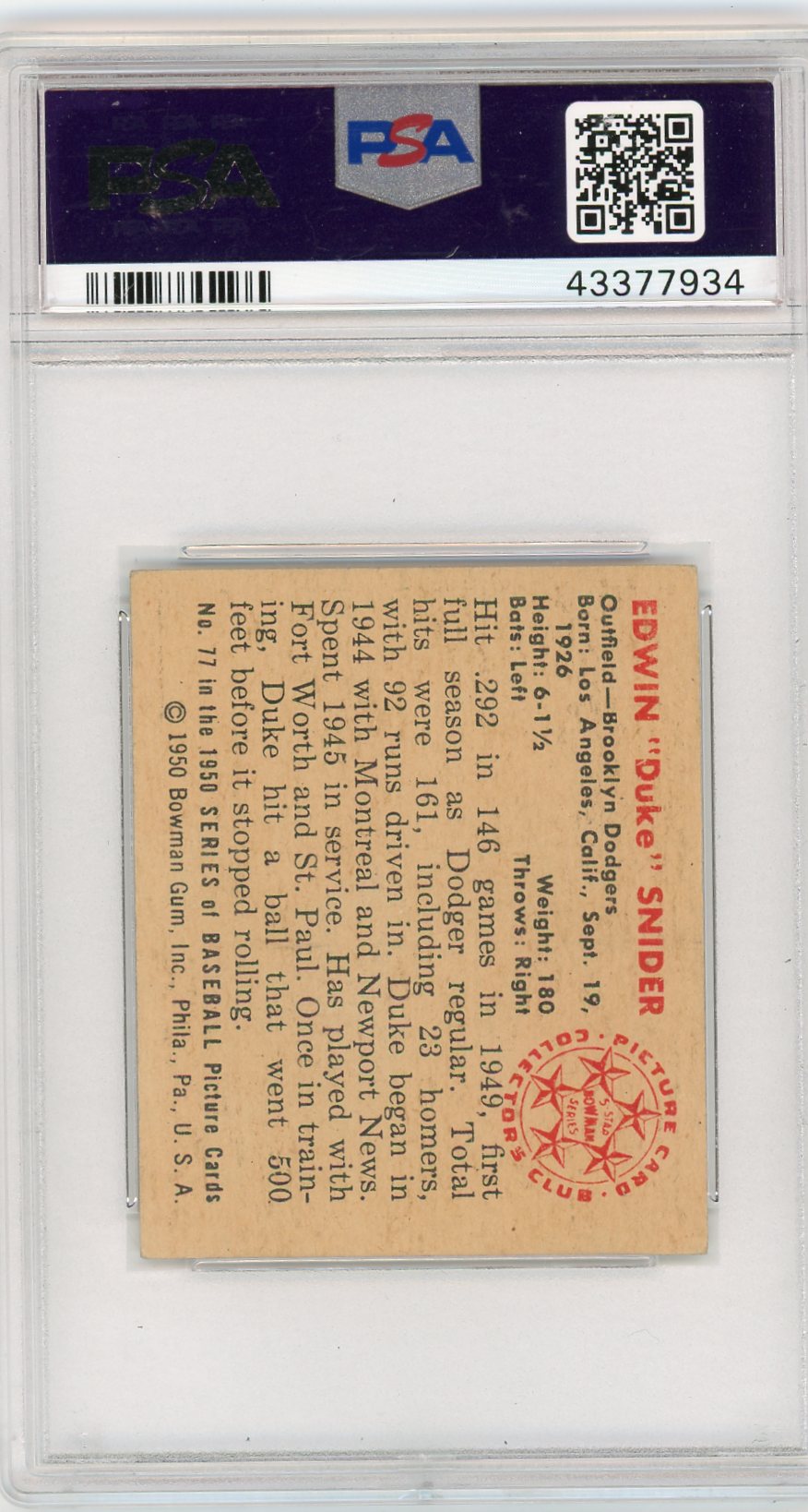 1950 Bowman Duke Snider #77 PSA 5.5