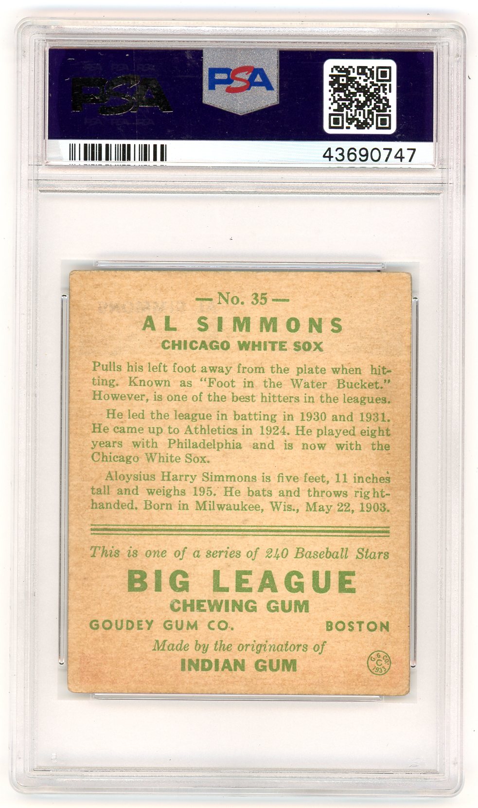 1933 Goudey Al Simmons #35 PSA 3.5