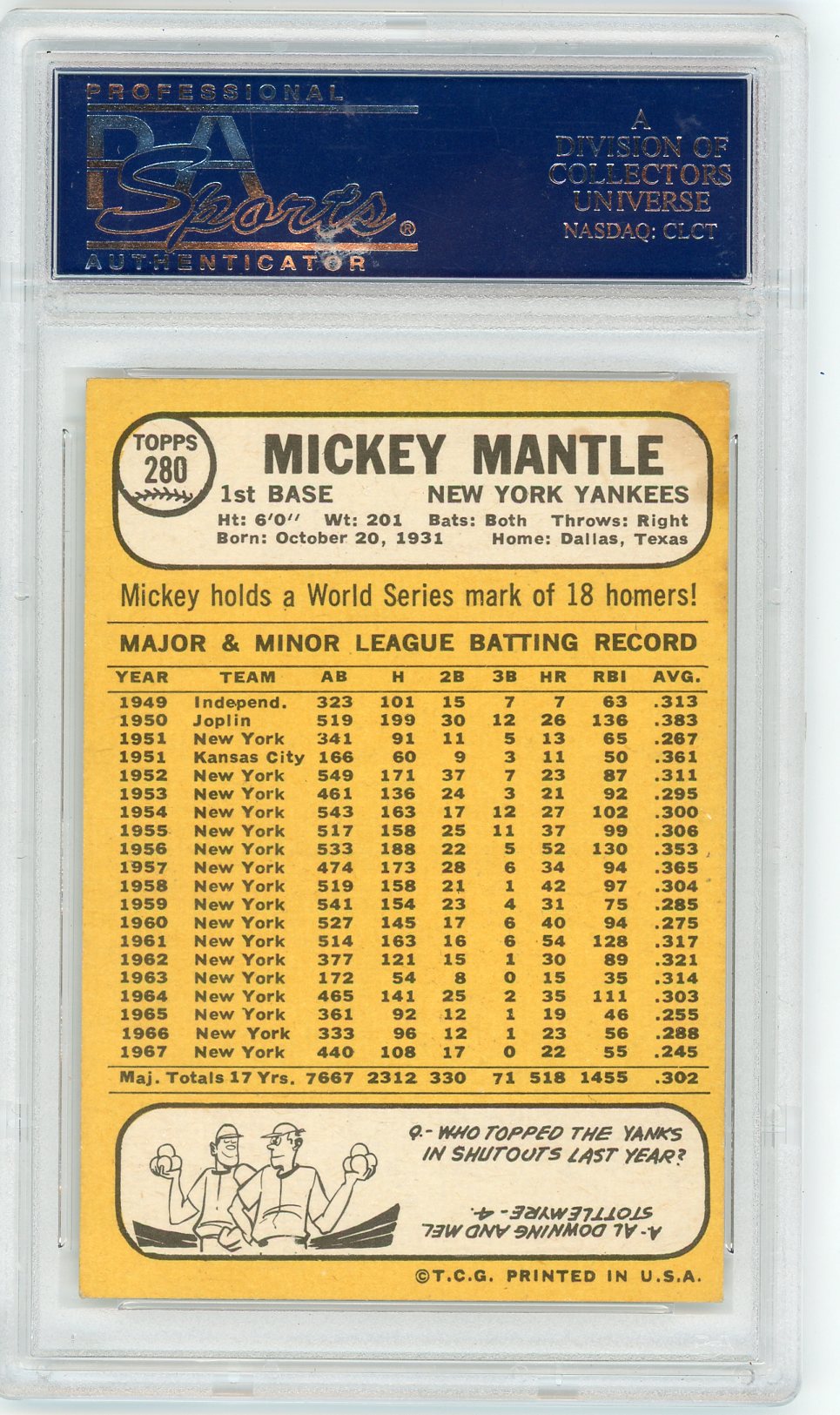 1968 Topps Mickey Mantle #280 PSA 6