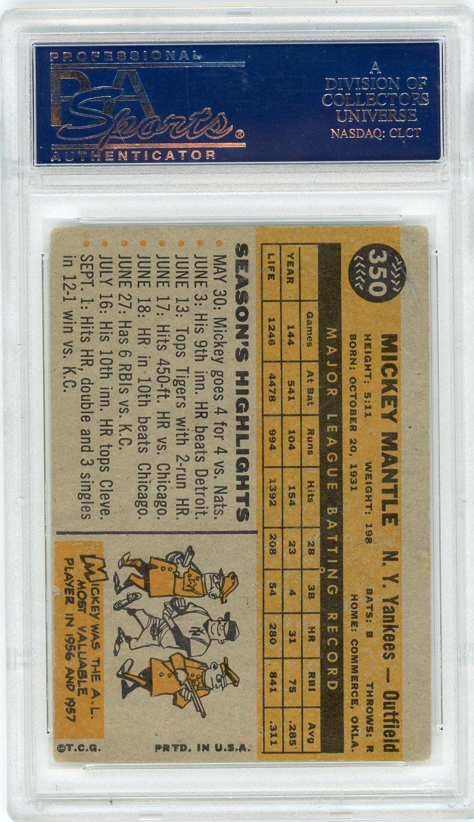 1960 Topps Mickey Mantle #350 PSA 3 MC