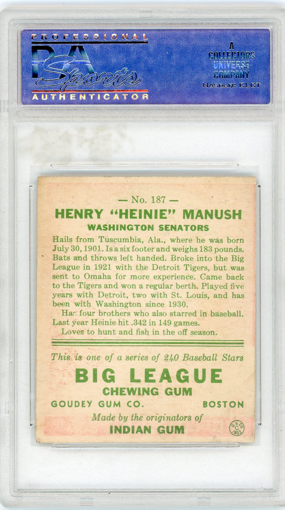 1933 Goudey Heinie Manush #187 PSA 4